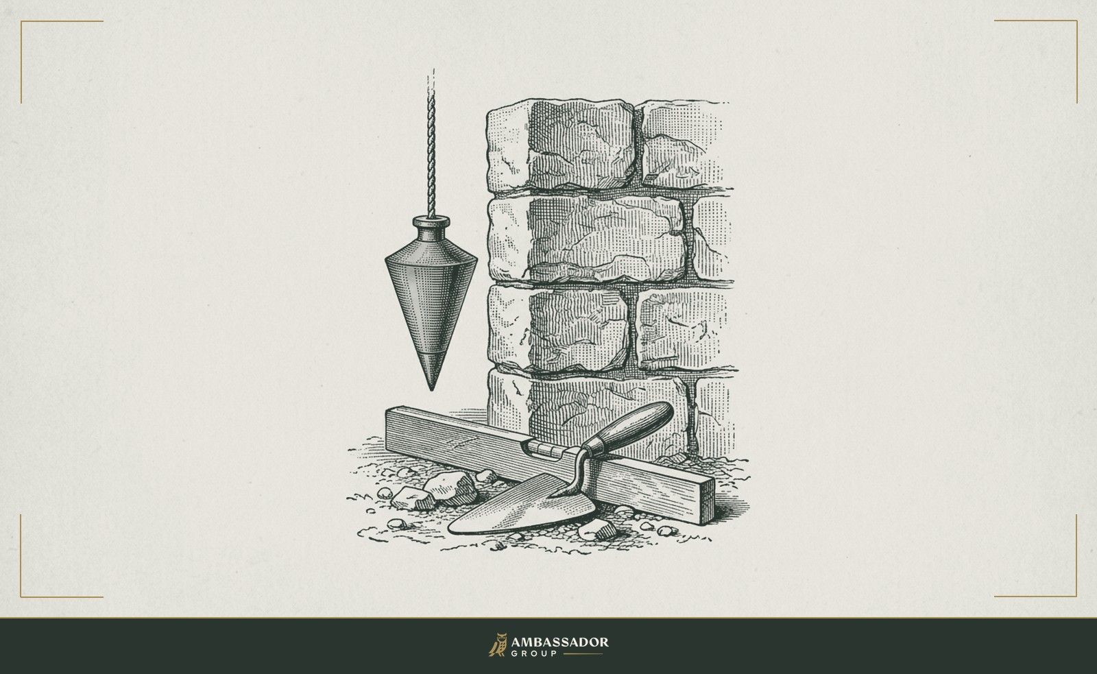 Antique engraving illustration. A plumb bob hangs on a taut line beside a partially built stone wall, with a mason's trowel and level at the base.