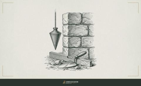 Antique engraving illustration. A plumb bob hangs on a taut line beside a partially built stone wall, with a mason's trowel and level at the base.
