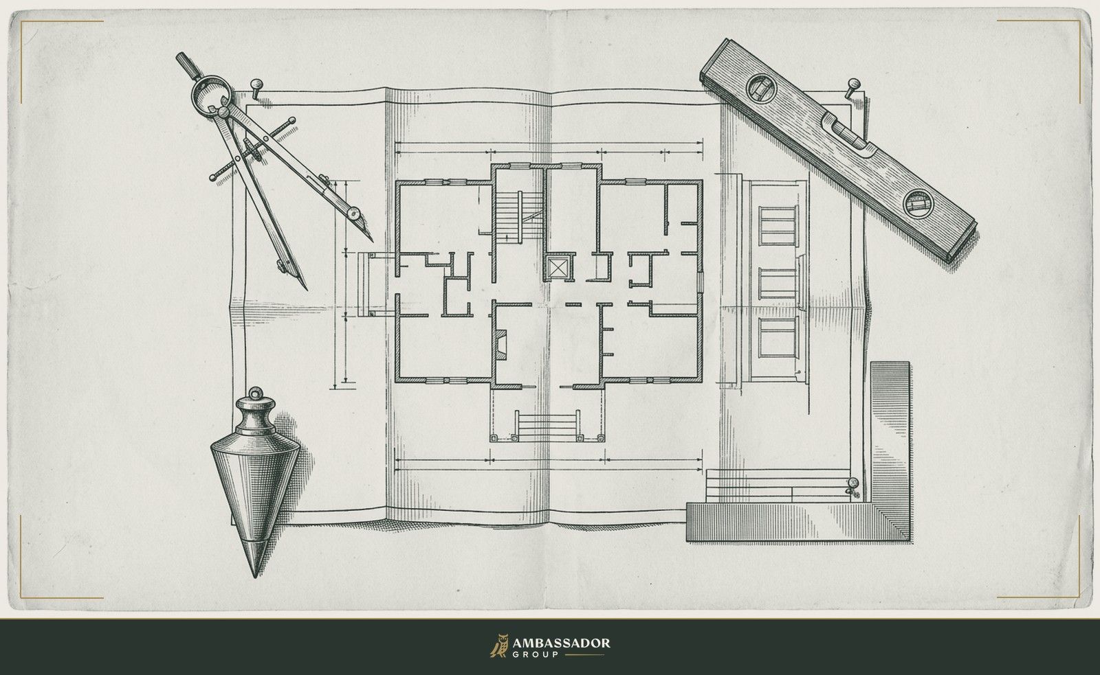 Antique engraving illustration. A master blueprint weighted at its four corners by a compass, a level, a plumb bob, and a square, each instrument anchoring one edge of a plan built to be followed, not improvised.