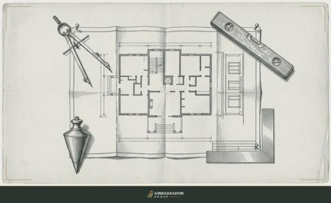 Antique engraving illustration. A master blueprint weighted at its four corners by a compass, a level, a plumb bob, and a square, each instrument anchoring one edge of a plan built to be followed, not improvised.