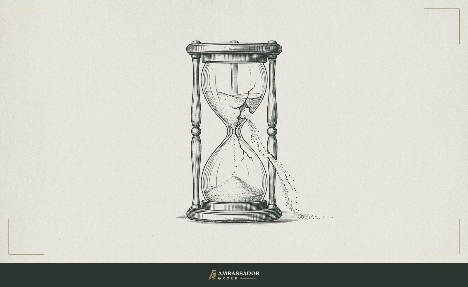 Antique engraving illustration. An hourglass with a jagged crack in its neck where the glass was narrowed too aggressively, sand spilling sideways from the fracture rather than flowing through.
