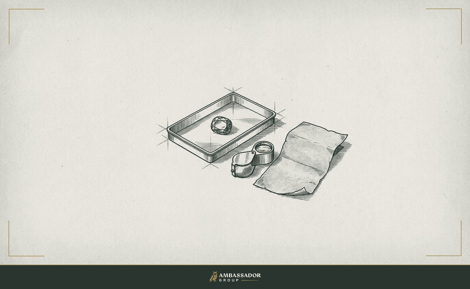 Antique engraving illustration. A single gem resting in an assayer's tray, a loupe beside it, the surrounding table otherwise bare except for a folded parchment list.