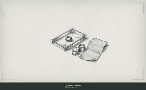 Antique engraving illustration. A single gem resting in an assayer's tray, a loupe beside it, the surrounding table otherwise bare except for a folded parchment list.