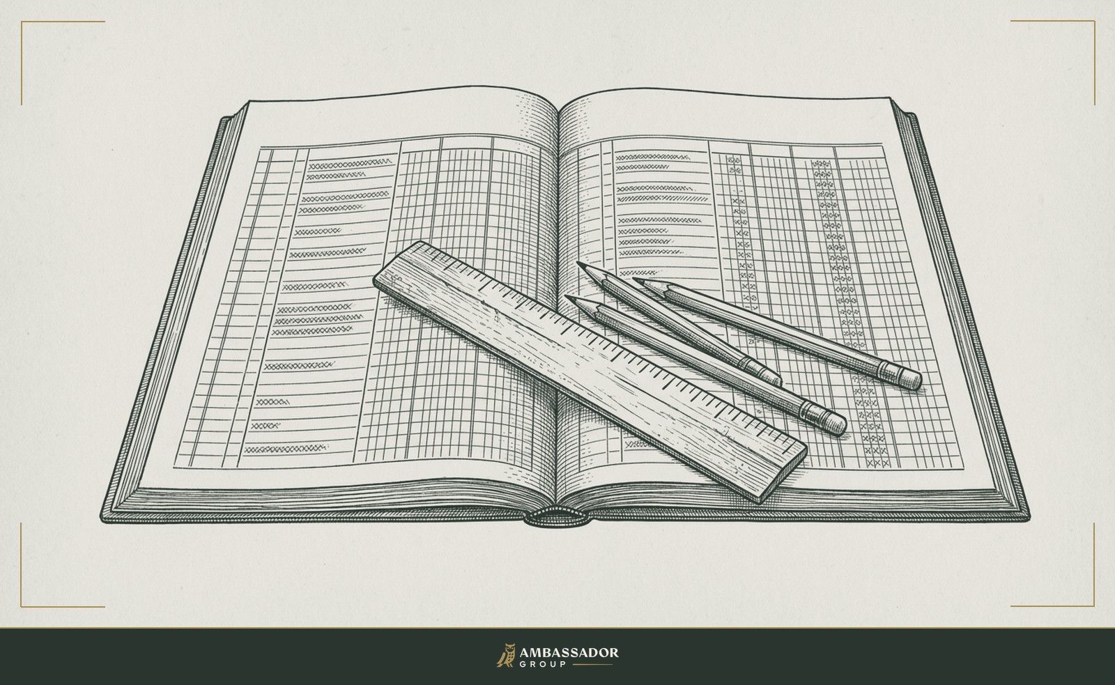 Antique engraving illustration. A ledger open to a two-page spread, columns headed and filled, a wooden ruler and three sharpened pencils across the binding.