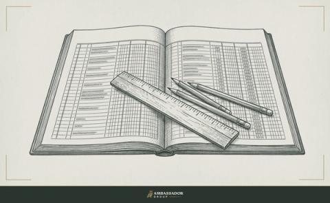 Antique engraving illustration. A ledger open to a two-page spread, columns headed and filled, a wooden ruler and three sharpened pencils across the binding.