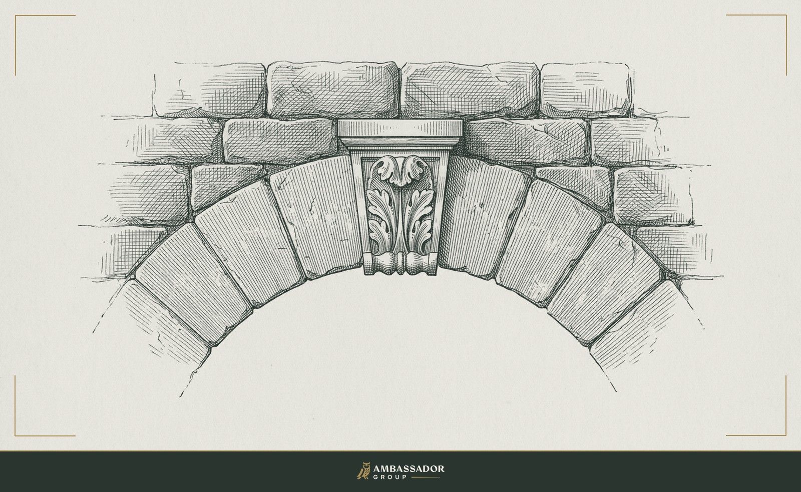 Antique engraving illustration. A carved keystone locked at the crown of a masonry arch, with wedge shaped stones radiating outward and heavy masonry bearing down from above.