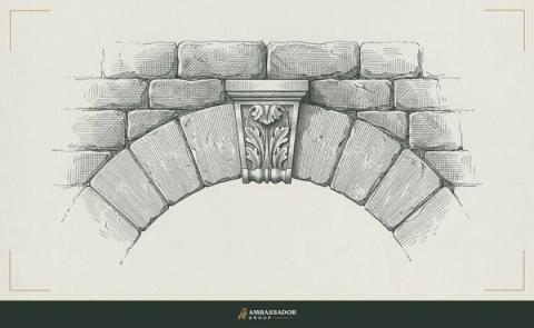 Antique engraving illustration. A carved keystone locked at the crown of a masonry arch, with wedge shaped stones radiating outward and heavy masonry bearing down from above.