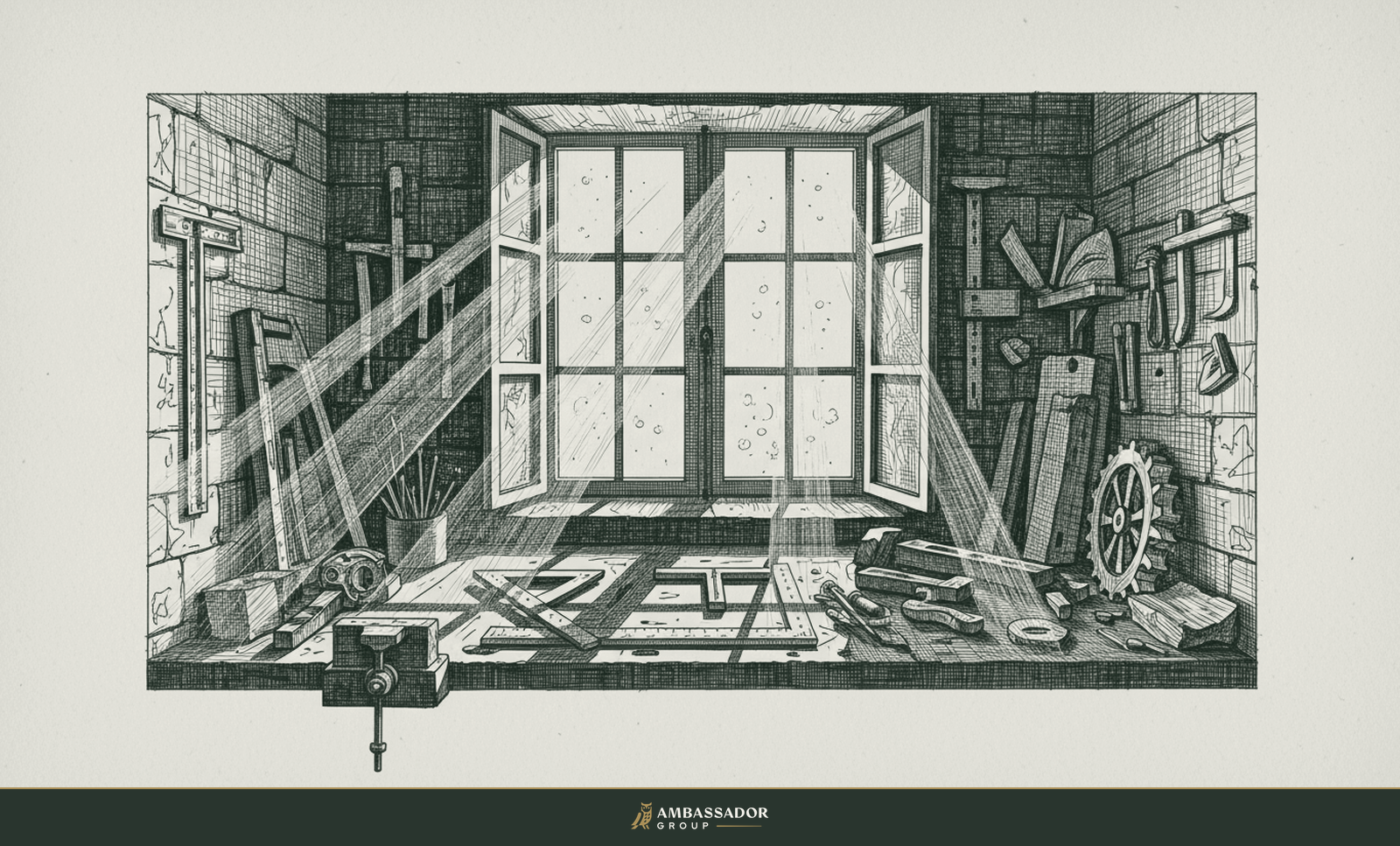Antique engraving illustration. An open workshop window casting measured intervals of sunlight across a workbench, a rhythm of light and shadow.