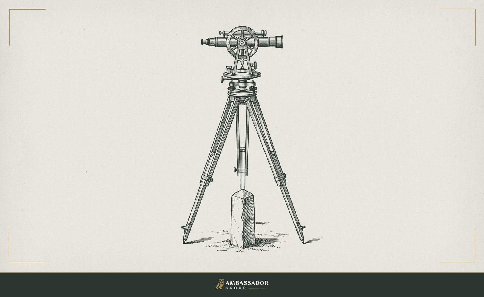 Antique engraving illustration. A surveyor's theodolite mounted on a tripod, its telescope level and sighted true, a boundary marker planted in the ground ahead, precision in service of a line everyone must respect.