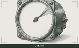 Antique engraving illustration. An antique aircraft altimeter with a blank unmarked dial, its needle pinned in a narrow danger arc between too high and too low.
