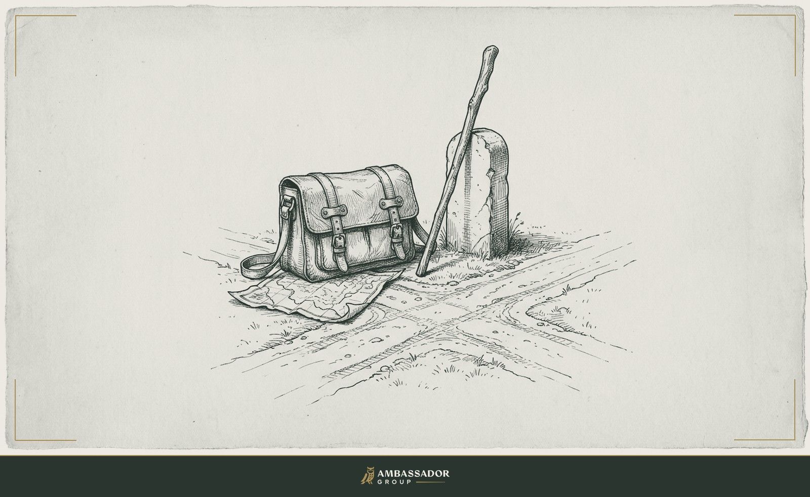 Antique engraving illustration. A traveler's worn leather satchel set down at a crossroads, a folded map beside it and a walking staff propped upright against a milestone.