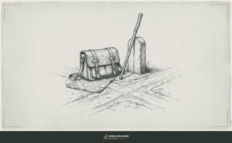 Antique engraving illustration. A traveler's worn leather satchel set down at a crossroads, a folded map beside it and a walking staff propped upright against a milestone.