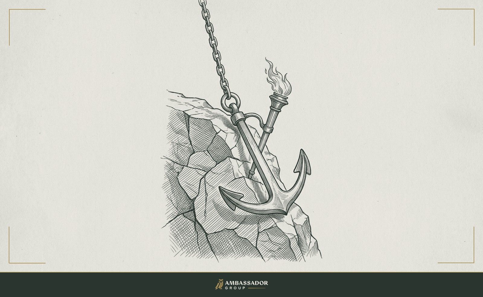 Antique engraving illustration. An anchor set into bedrock at a cliff's edge, chain rising taut, a torch burning at the anchor's crown.