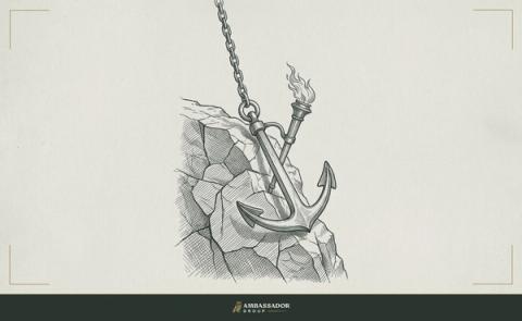 Antique engraving illustration. An anchor set into bedrock at a cliff's edge, chain rising taut, a torch burning at the anchor's crown.