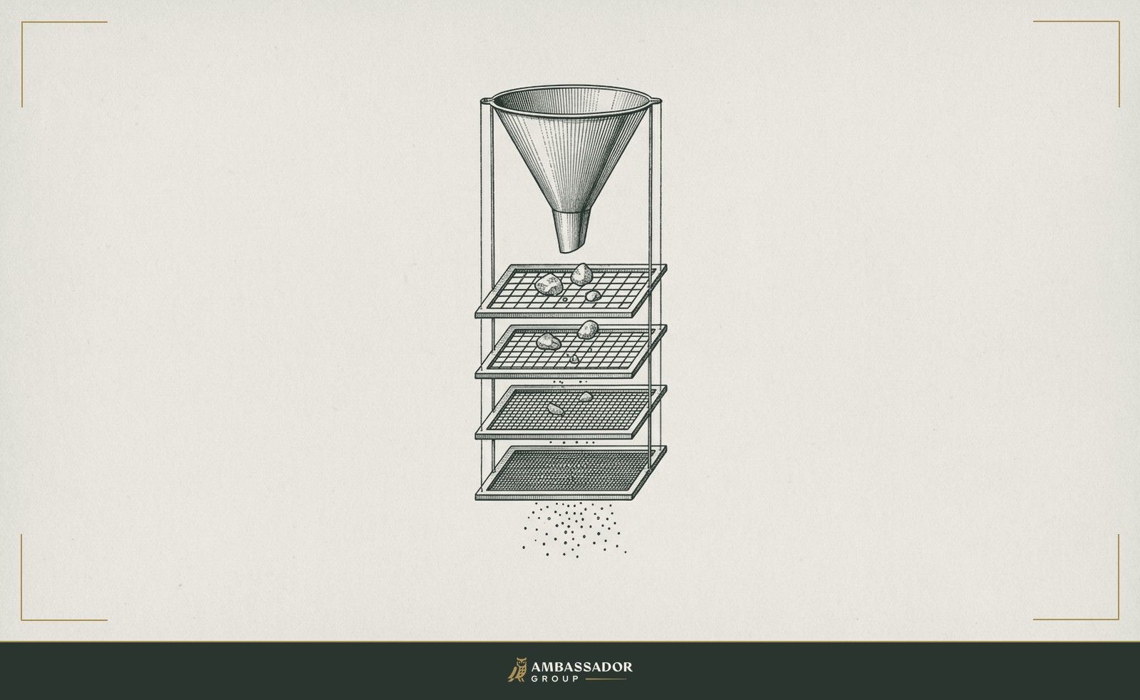 Antique engraving illustration. A funnel mounted above a series of increasingly fine mesh screens, a few small stones caught at different levels, the finest falling through.