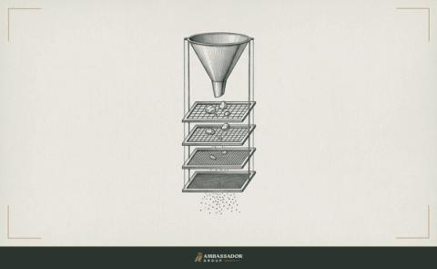 Antique engraving illustration. A funnel mounted above a series of increasingly fine mesh screens, a few small stones caught at different levels, the finest falling through.