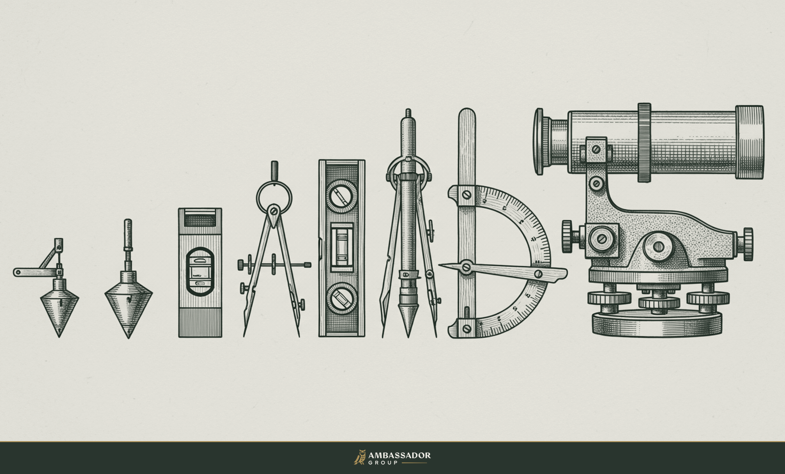 Antique engraving illustration. A graduated row of measuring instruments arranged from a simple plumb bob up to a complex brass theodolite, a spectrum of rigor.