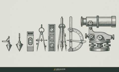 Antique engraving illustration. A graduated row of measuring instruments arranged from a simple plumb bob up to a complex brass theodolite, a spectrum of rigor.
