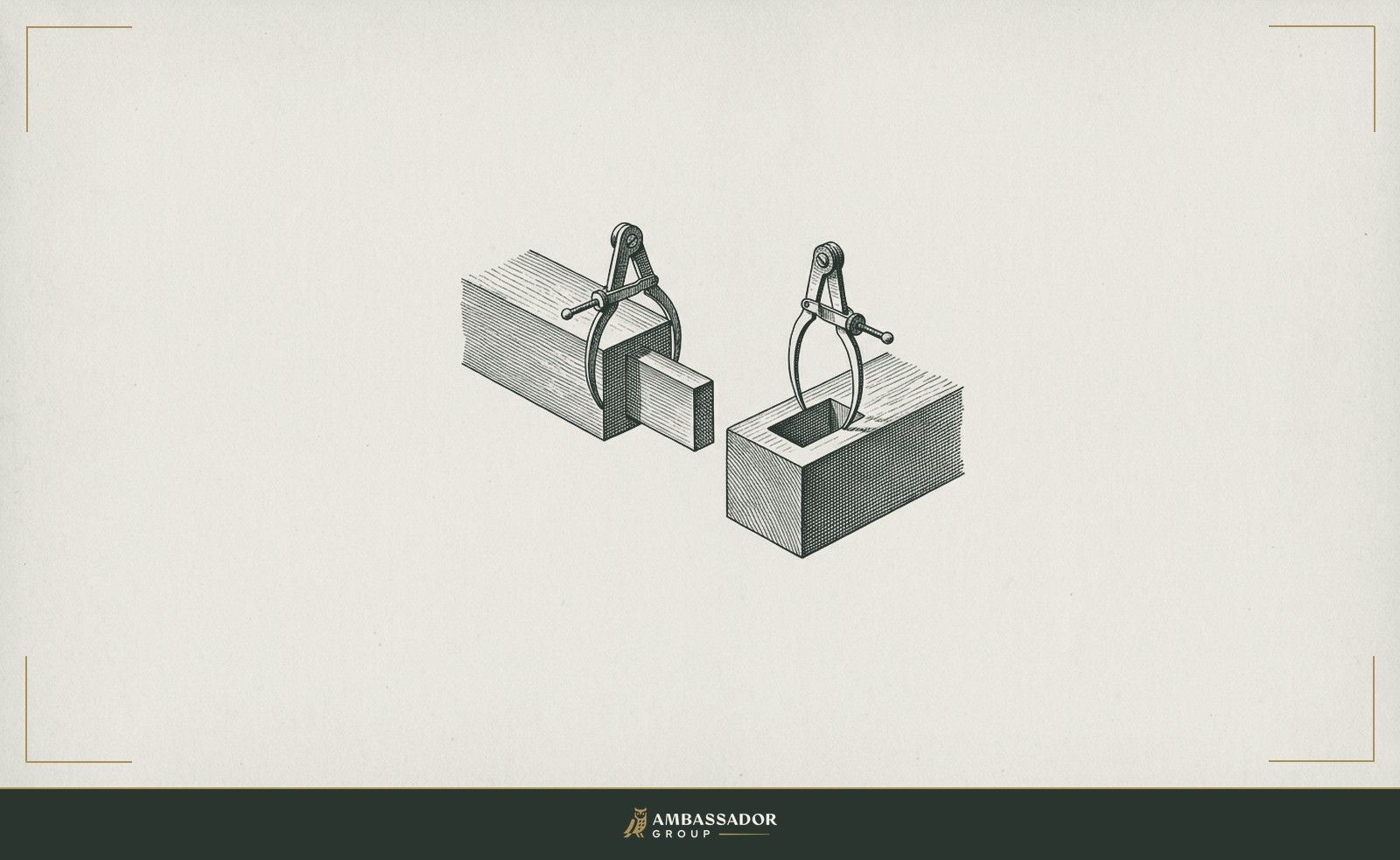 Antique engraving illustration. A mortise and tenon joint set side by side, unassembled, with calipers measuring each face to confirm the fit before assembly.