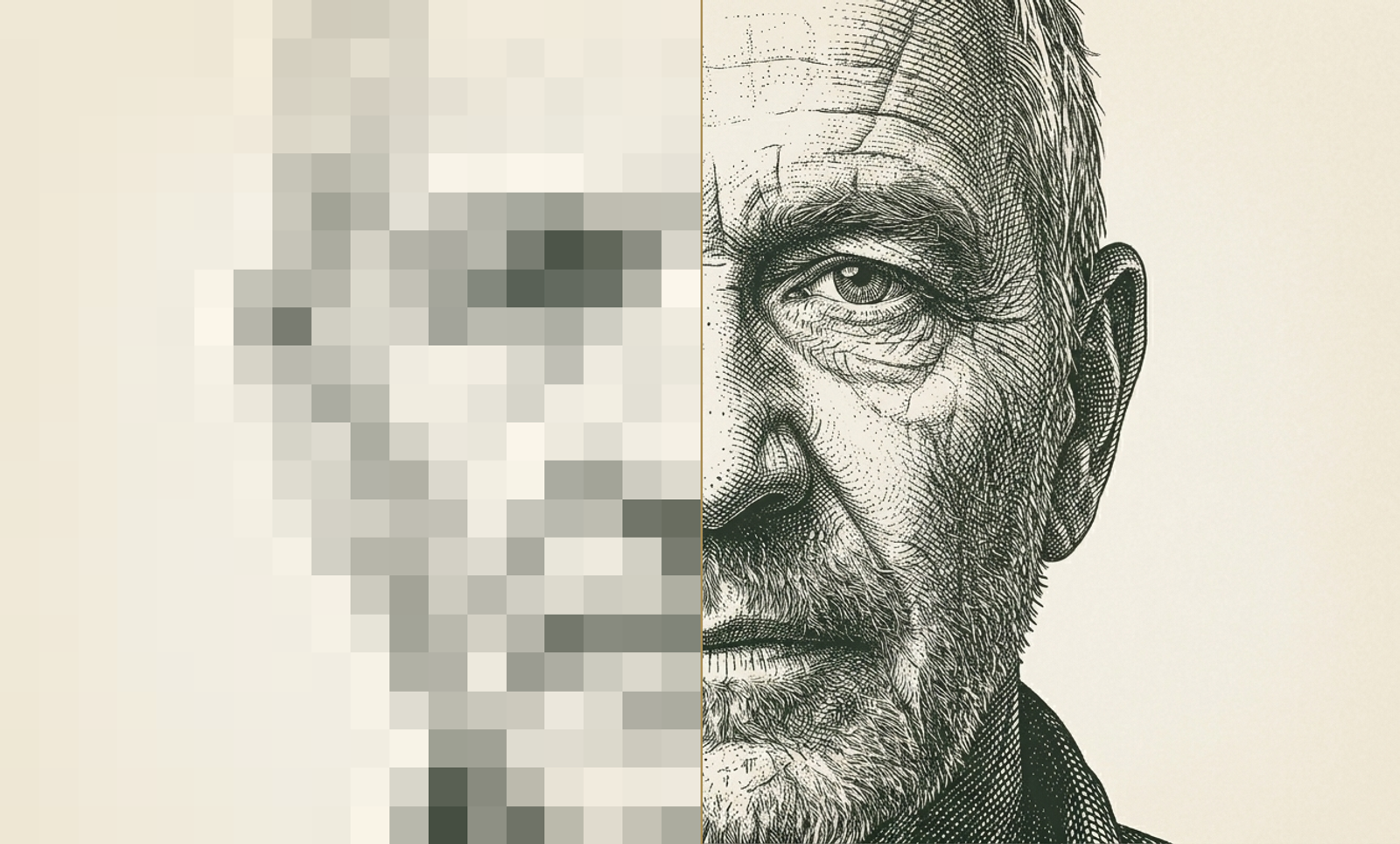 An antique engraving of a construction professional's face, split down the center by a gold line: the left half rendered at coarse low resolution in blocky pixels, the right half in fine high-resolution engraving detail, illustrating the difference between hiring in low resolution and hiring in 4K.