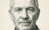An antique engraving of a construction professional's face, split down the center by a gold line: the left half rendered at coarse low resolution in blocky pixels, the right half in fine high-resolution engraving detail, illustrating the difference between hiring in low resolution and hiring in 4K.