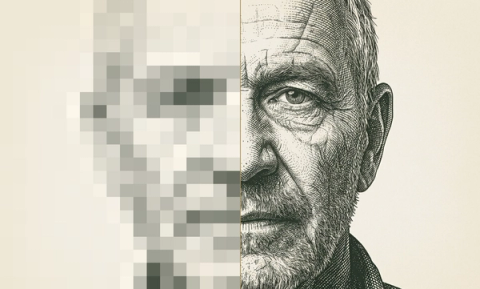 An antique engraving of a construction professional's face, split down the center by a gold line: the left half rendered at coarse low resolution in blocky pixels, the right half in fine high-resolution engraving detail, illustrating the difference between hiring in low resolution and hiring in 4K.