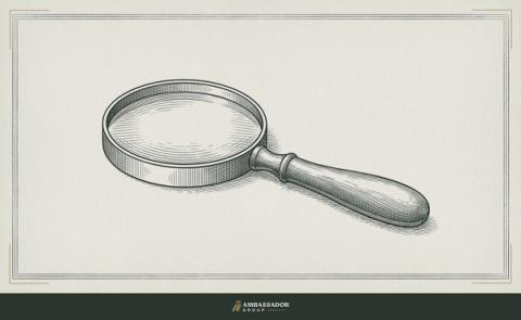 Antique engraving illustration. A large magnifying glass resting face-down over a blank page, its lens distorting nothing, a reminder that the tool must be lifted to see.
