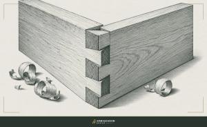Antique engraving illustration. A half-joined dovetail corner of two boards with curled wood shavings, the pins meeting their sockets.