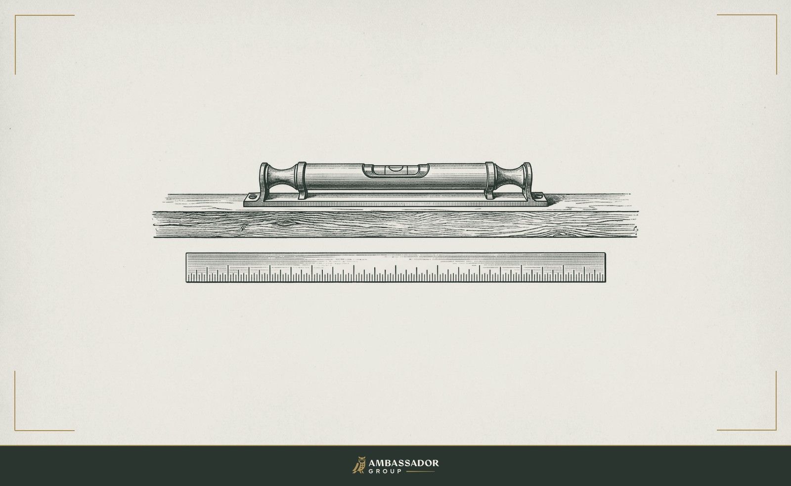 Antique engraving illustration. A calibrated spirit level resting on a beam, its bubble precisely centered, with a graded ruler beneath it showing the fine increments between good and exceptional.