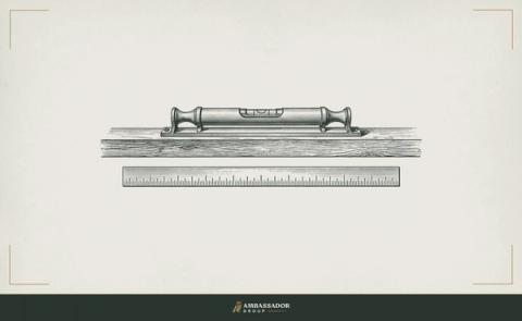 Antique engraving illustration. A calibrated spirit level resting on a beam, its bubble precisely centered, with a graded ruler beneath it showing the fine increments between good and exceptional.