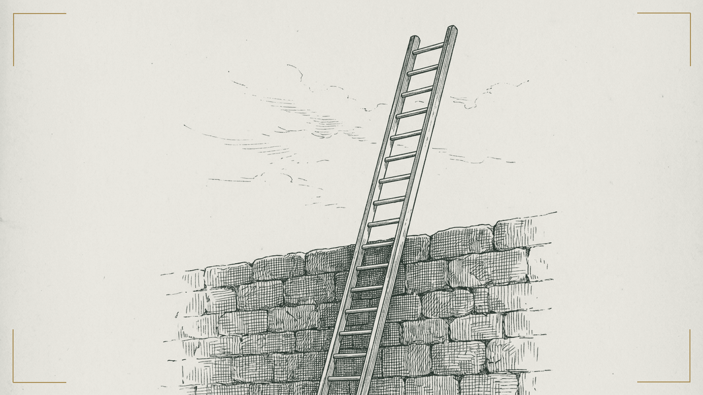 A ladder leaning against a wall ascending into open sky, quiet steady growth.