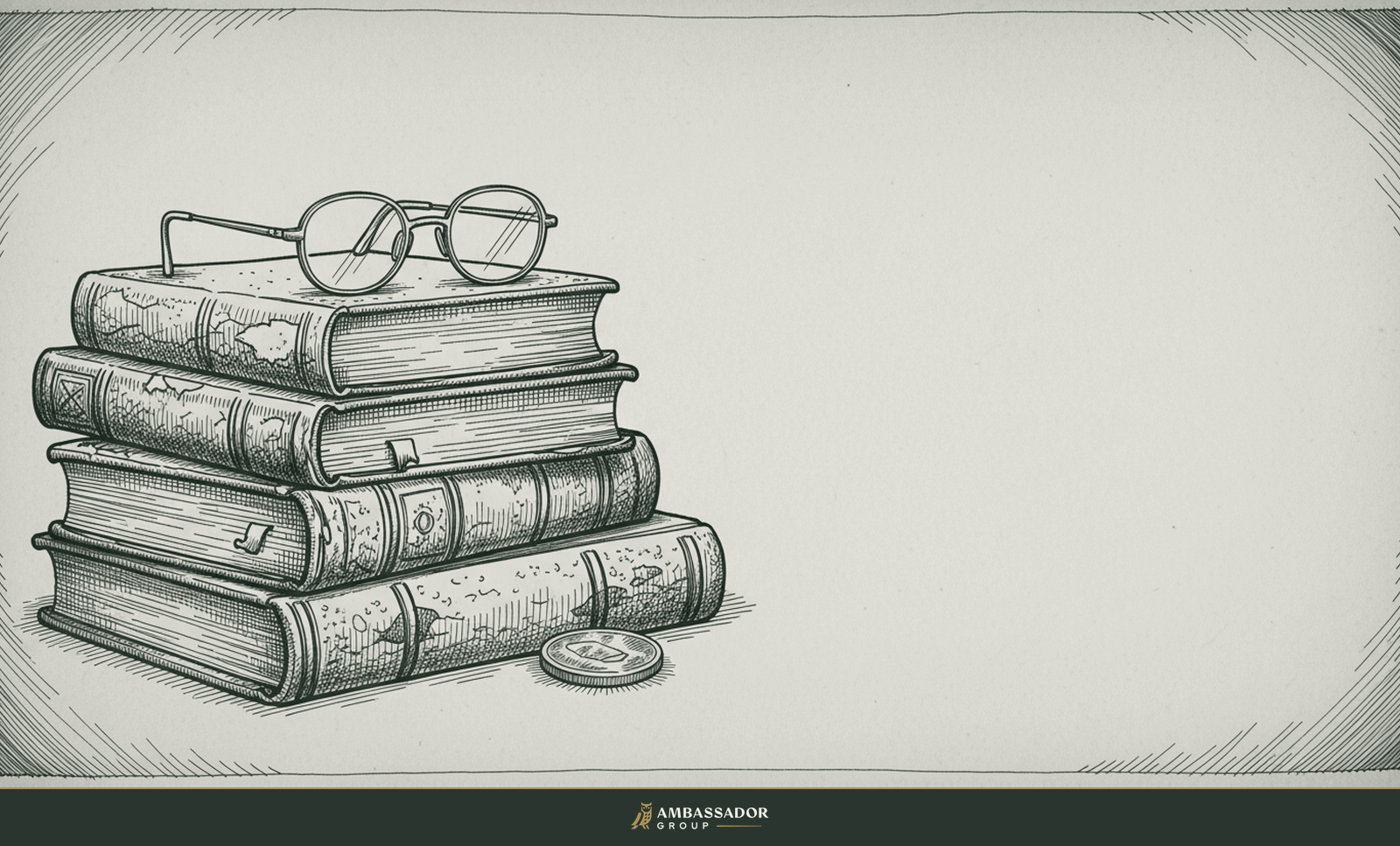 Antique engraving illustration. A neat stack of four worn leather-bound books beside a single brass coin and a pair of reading spectacles.