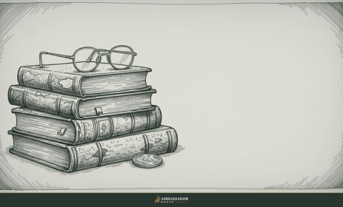 Antique engraving illustration. A neat stack of four worn leather-bound books beside a single brass coin and a pair of reading spectacles.