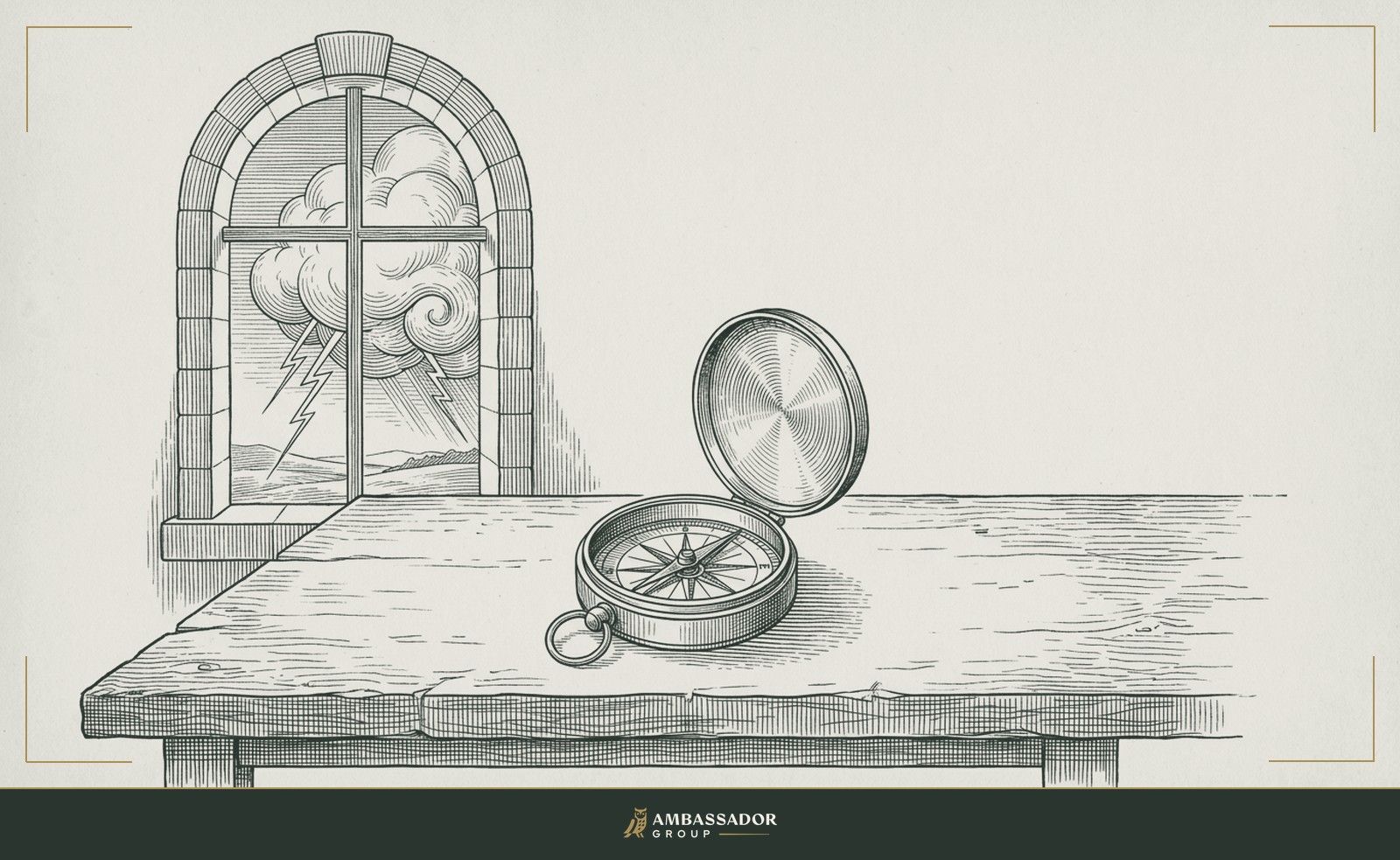 Antique engraving illustration. A pocket compass lying open on a rough-hewn table, its needle pointing steadily while a storm cloud looms through a nearby arched window.
