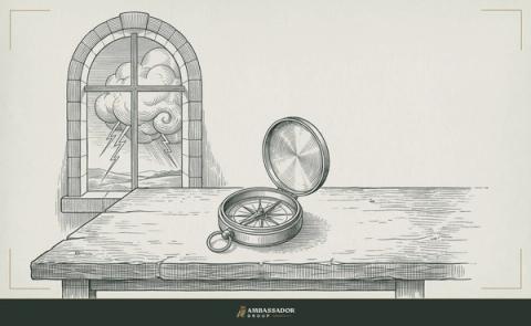 Antique engraving illustration. A pocket compass lying open on a rough-hewn table, its needle pointing steadily while a storm cloud looms through a nearby arched window.