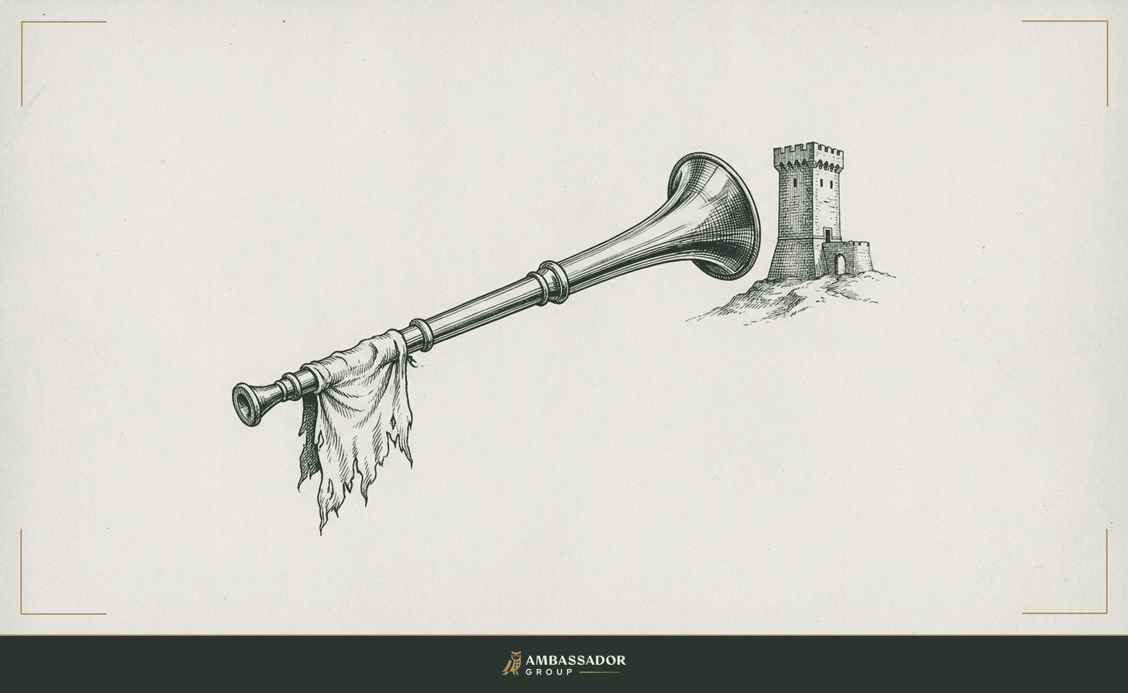 Antique engraving illustration. A speaking trumpet aimed toward a distant watchtower, the bell end polished and clear, the mouthpiece end wrapped in a frayed cloth.