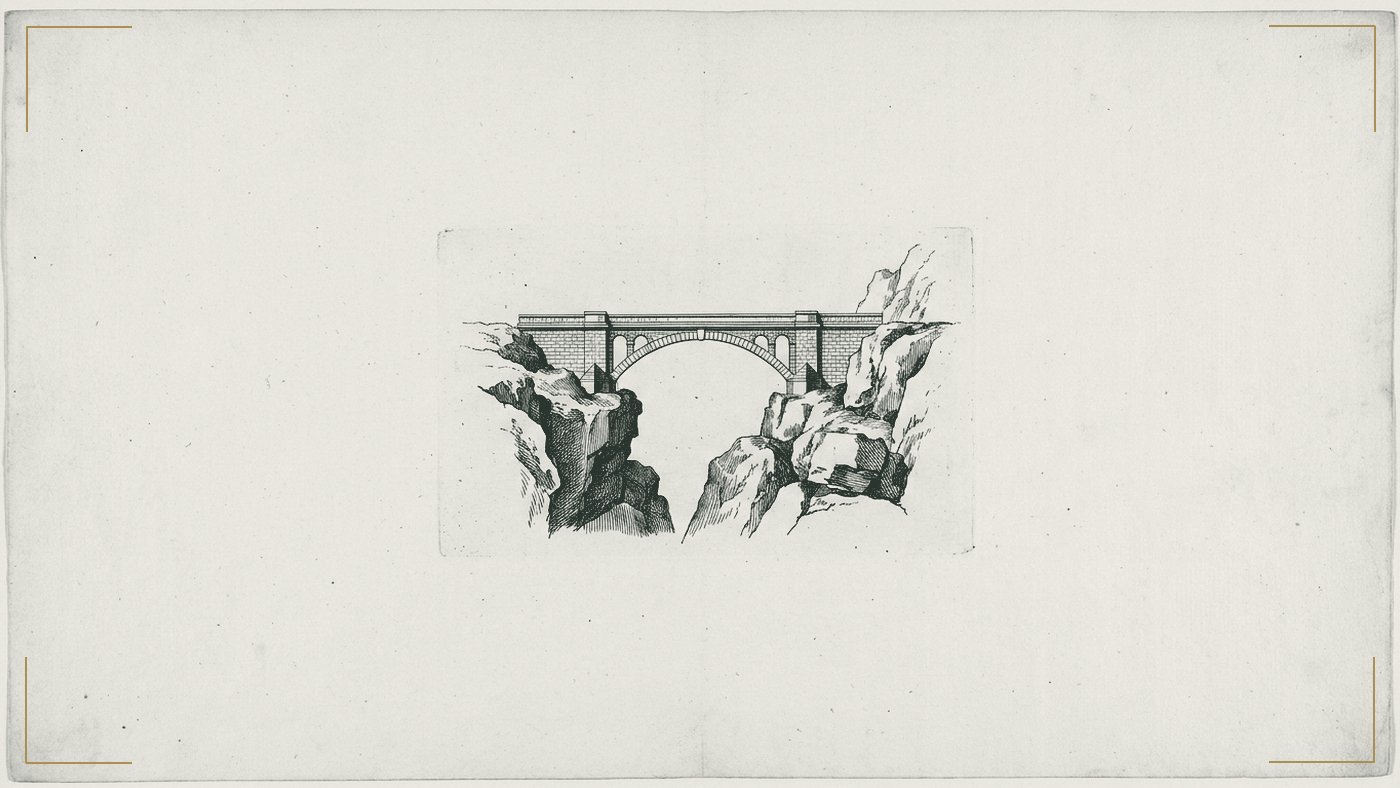 A stone bridge spanning a chasm, crossed and intact rather than burned.