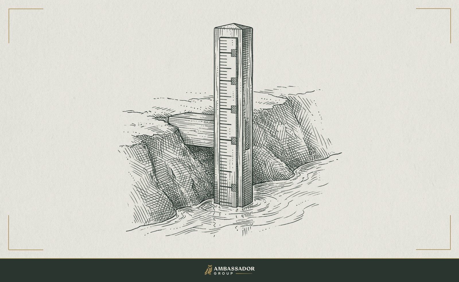 Antique engraving illustration. A tide gauge post embedded in a river bank, its markings recording many waterlines, the current surface resting low against the scale.