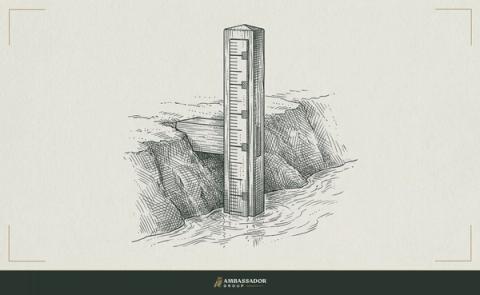 Antique engraving illustration. A tide gauge post embedded in a river bank, its markings recording many waterlines, the current surface resting low against the scale.