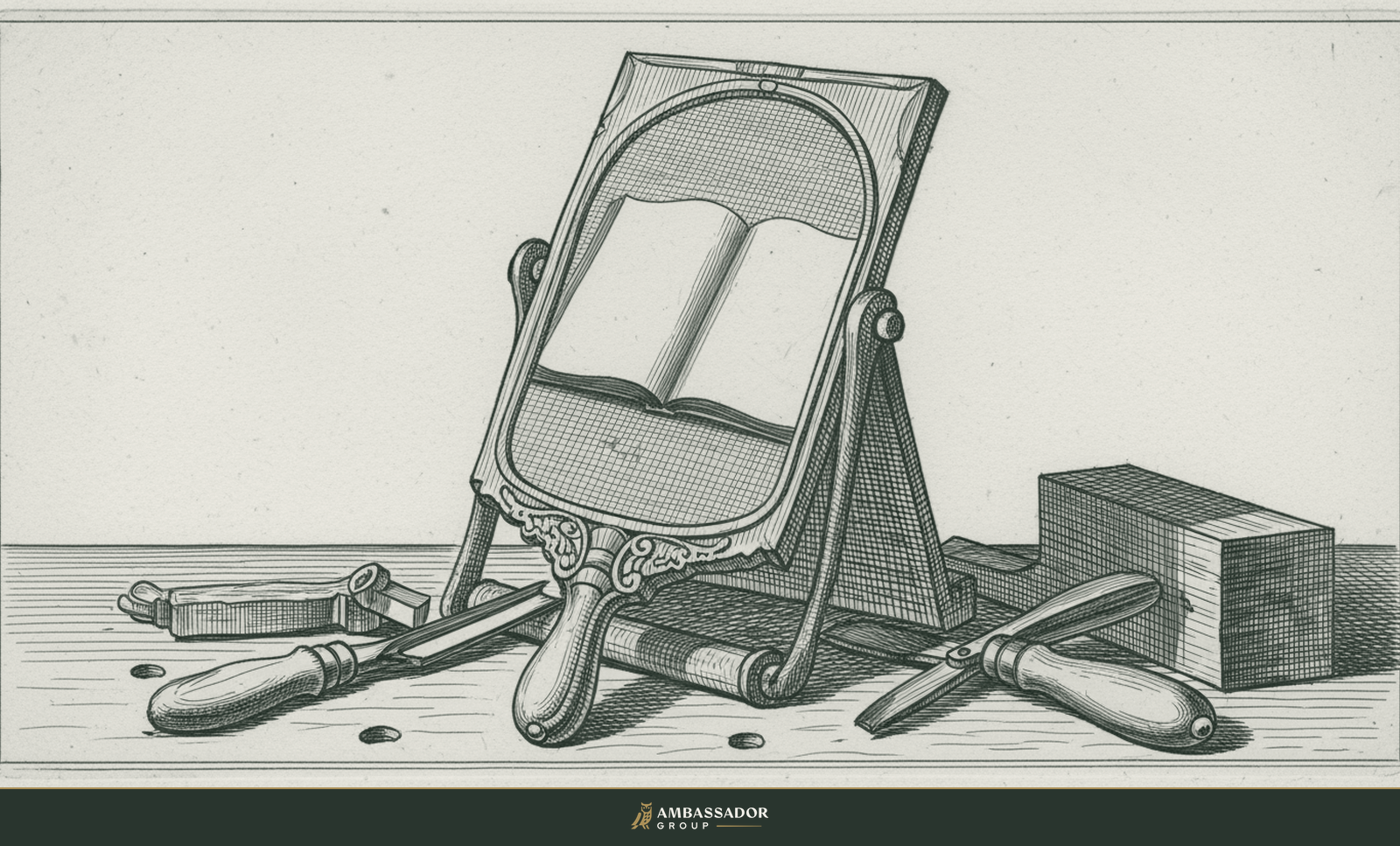 Antique engraving illustration. A craftsman's polished hand mirror propped upright against carpentry tools on a workbench, reflecting an open notebook of self-assessment.