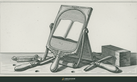 Antique engraving illustration. A craftsman's polished hand mirror propped upright against carpentry tools on a workbench, reflecting an open notebook of self-assessment.