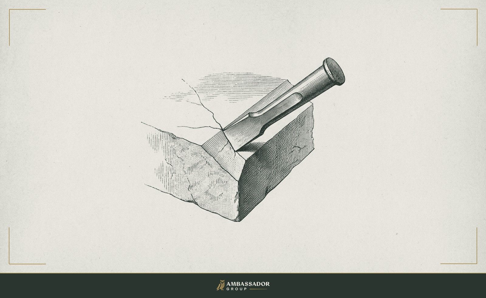 Antique engraving illustration. A chisel pressed against a stone block mid-cut, with a hairline crack radiating from the point where a shortcut corner was beveled too sharply.