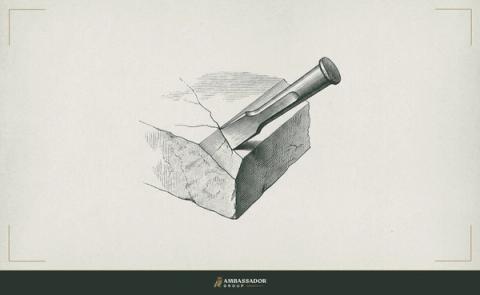 Antique engraving illustration. A chisel pressed against a stone block mid-cut, with a hairline crack radiating from the point where a shortcut corner was beveled too sharply.