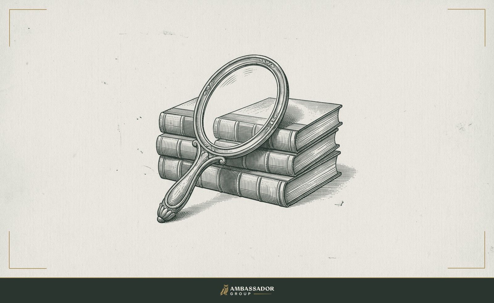 Antique engraving illustration. A hand mirror propped against a stack of technical manuals, its reflective surface angled slightly outward so it shows the books rather than the viewer.