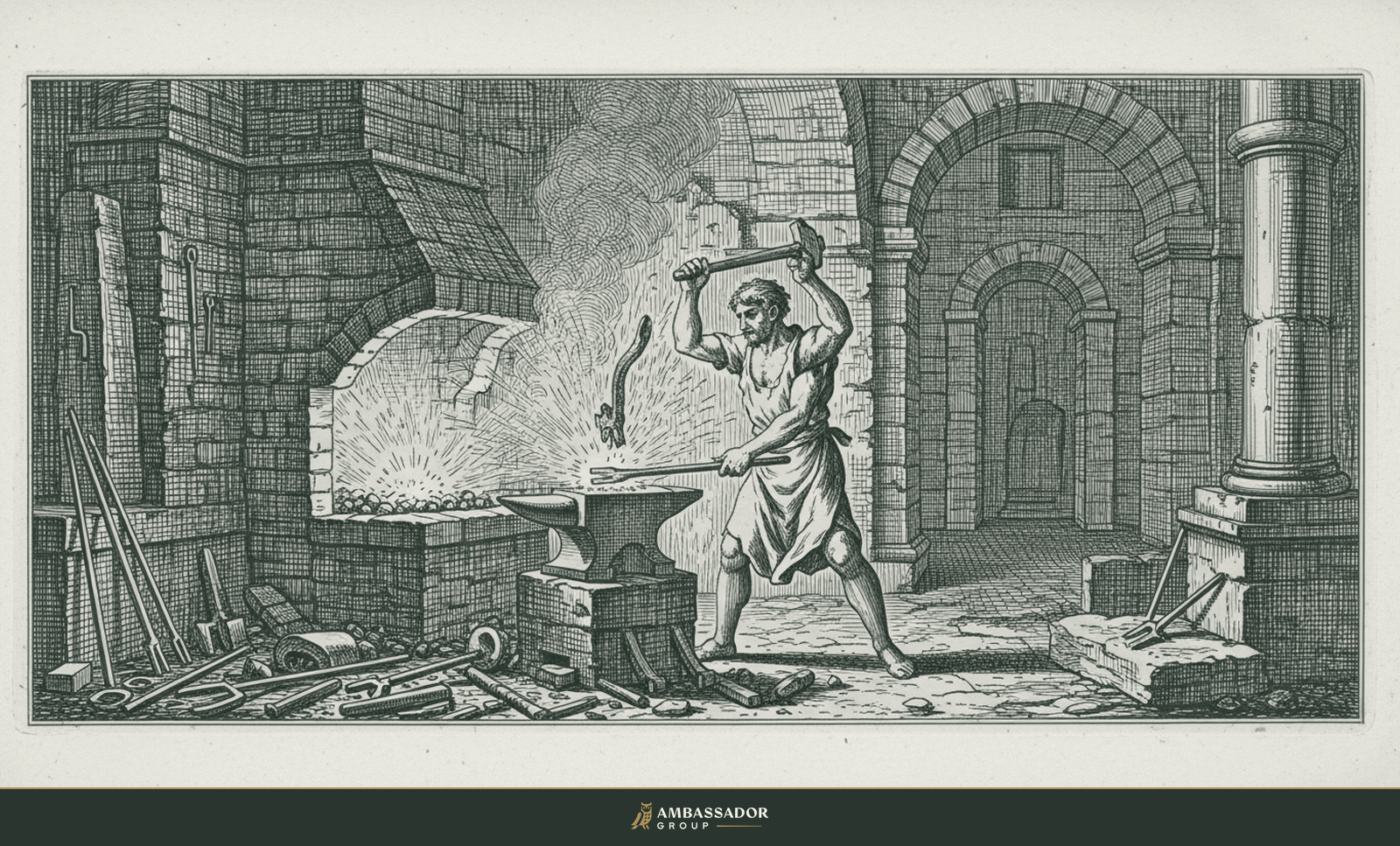 Antique engraving illustration. A blacksmith reforging a broken tool in a glowing forge, hammering a past failure into a sharper new instrument.