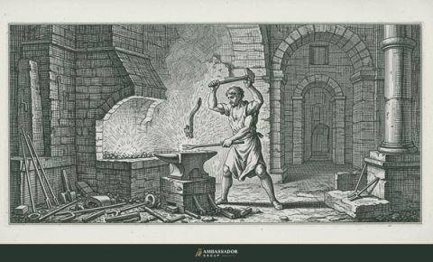 Antique engraving illustration. A blacksmith reforging a broken tool in a glowing forge, hammering a past failure into a sharper new instrument.