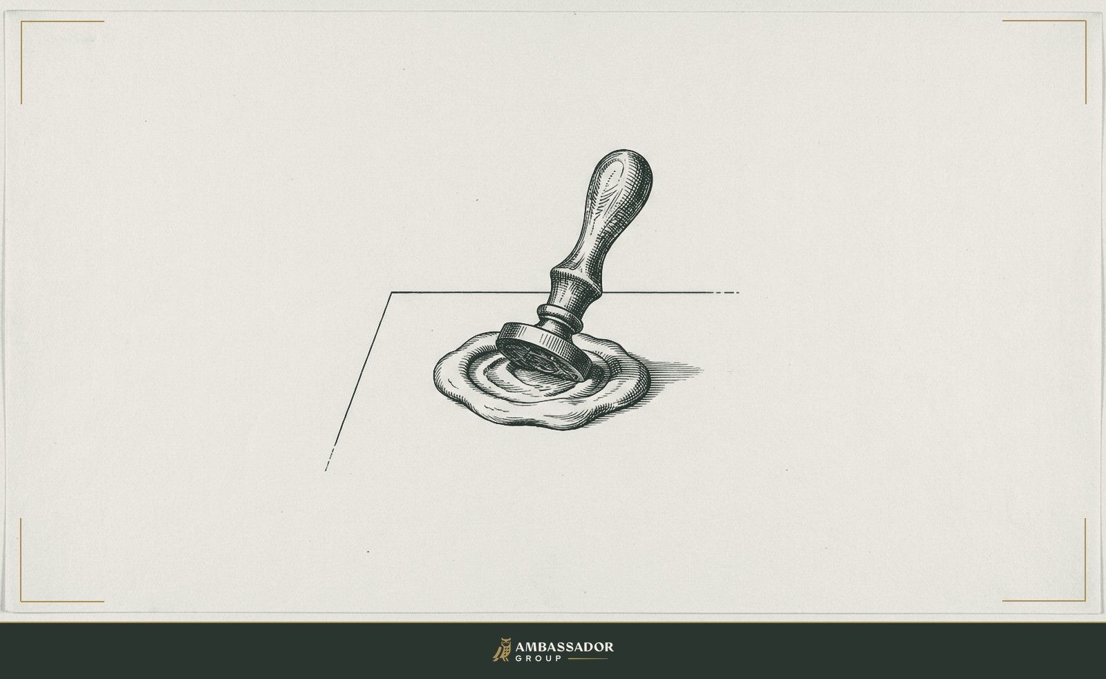 Antique engraving illustration. A wax seal stamp pressing into a round blob of sealing wax on a plain surface.