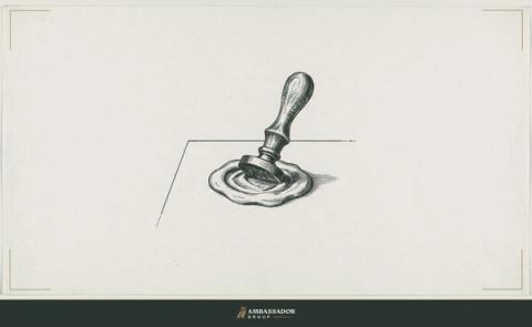 Antique engraving illustration. A wax seal stamp pressing into a round blob of sealing wax on a plain surface.