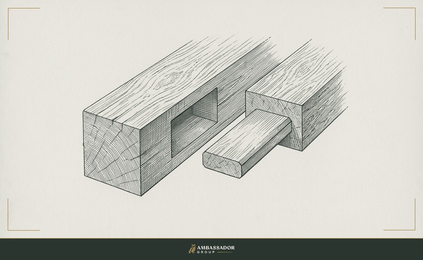 Antique engraving illustration. A mortise cut too wide for the tenon beside it, the joint gap visible, both pieces finely crafted but mismatched in a way no amount of force will resolve.