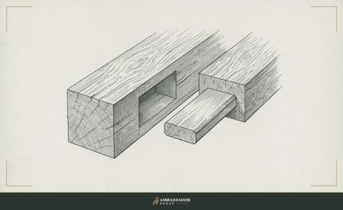 Antique engraving illustration. A mortise cut too wide for the tenon beside it, the joint gap visible, both pieces finely crafted but mismatched in a way no amount of force will resolve.